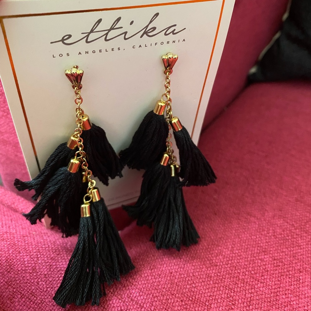 Ettika Black Tassel Gold Earrings 18 Karat Gold Plated -NWT